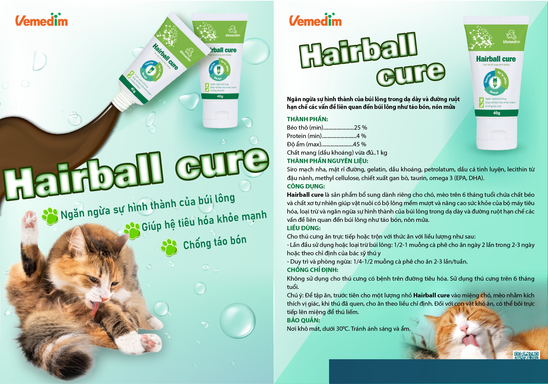 Tuýp bổ sung dinh dưỡng cho Chó Mèo Vemedim Hairball cure Tuýp 40g Giúp ngăn ngừa búi lông Chống táo bón, Lông bóng mượt