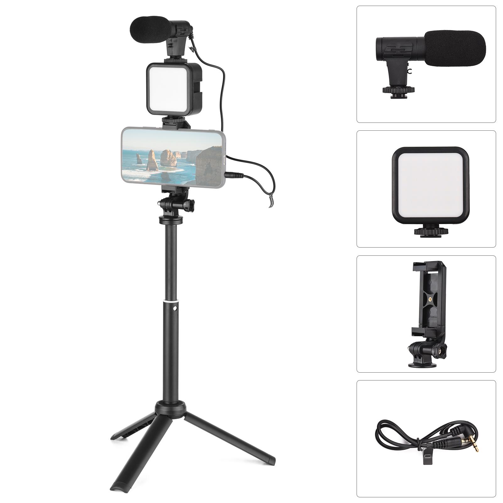 Vlog Shooting Kit Mini LED Video Light + Super Cardioid Condenser Microphone + Phone Clip + Tripod + Remote Shutter