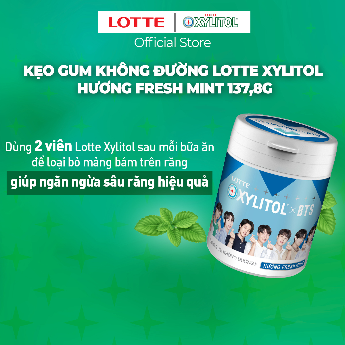 Kẹo Gum không đường Lotte Xylitol - Hương Fresh Mint 130,5 g