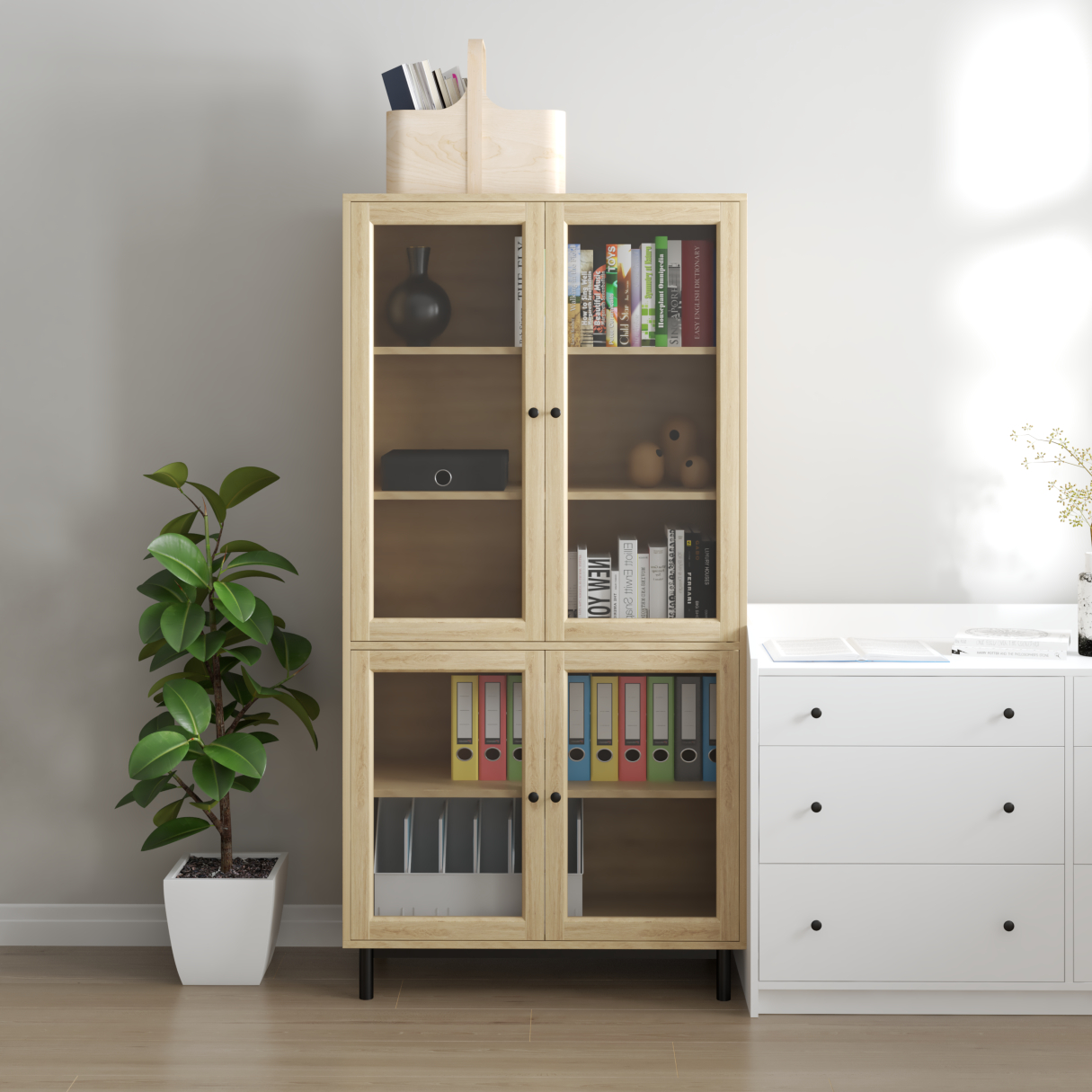 CATY , Kệ sách 5 tầng cửa kính - chân sắt , 90cm x 39cm x 180cm , KSA_020