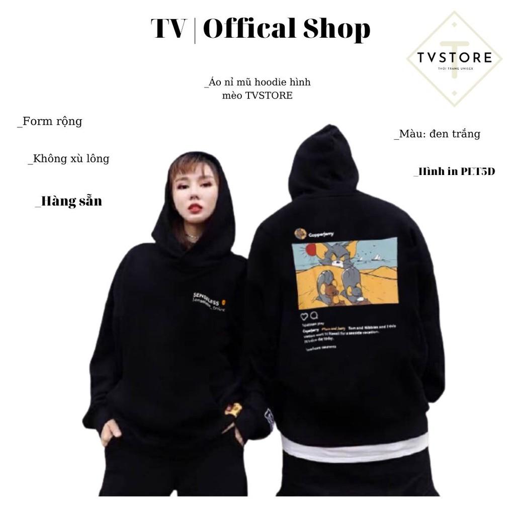 Áo hoodie nỉ TVSTORE ️ áo in hình mèo và 2 chú chuột nỉ cotton dày co giãn siêu ấm tay bồng form rộng màu trắng