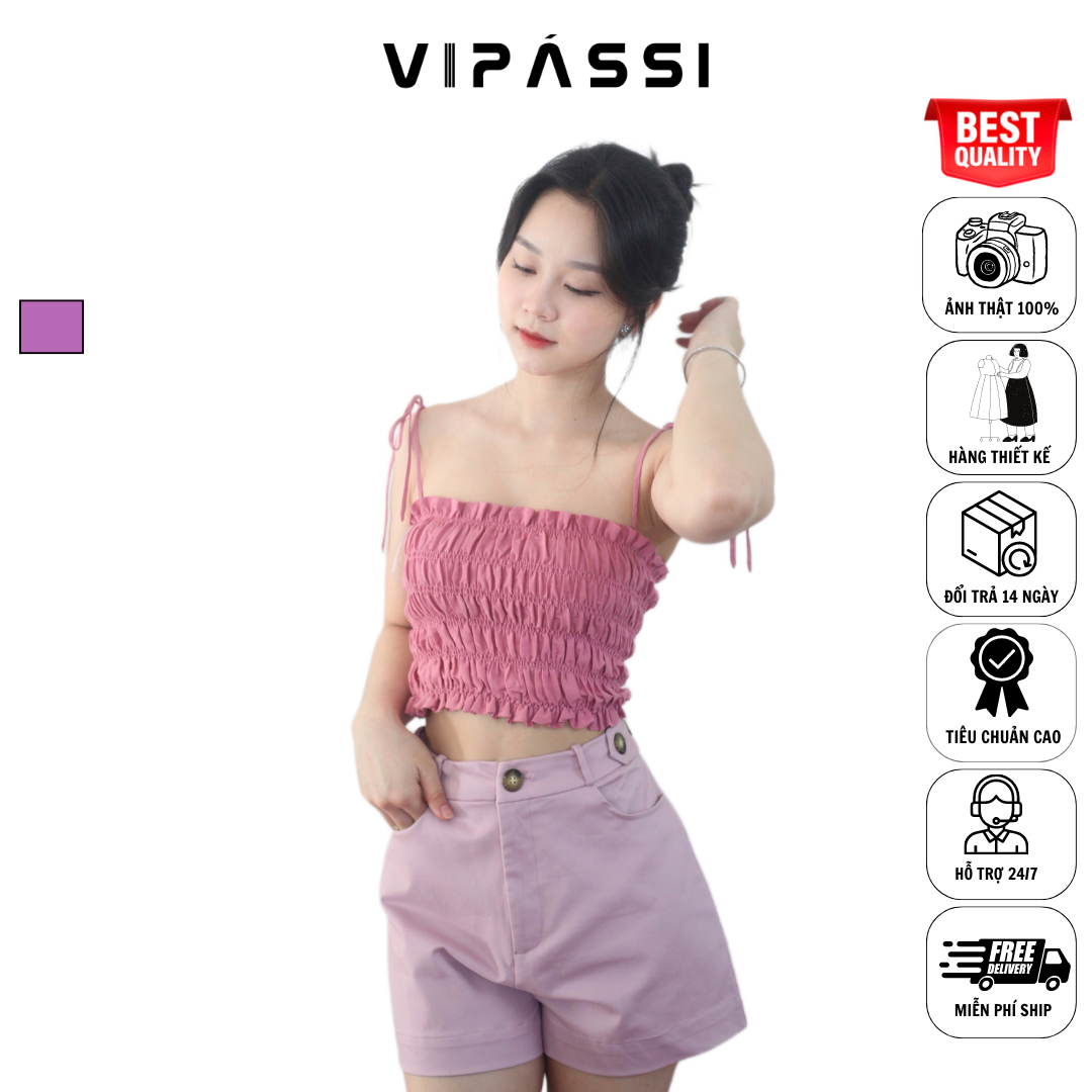 VIPÁSSI Áo Hai Dây Cotton Ôm Body Ngắn Ngang Eo Nhún Thun Smocking Hồng