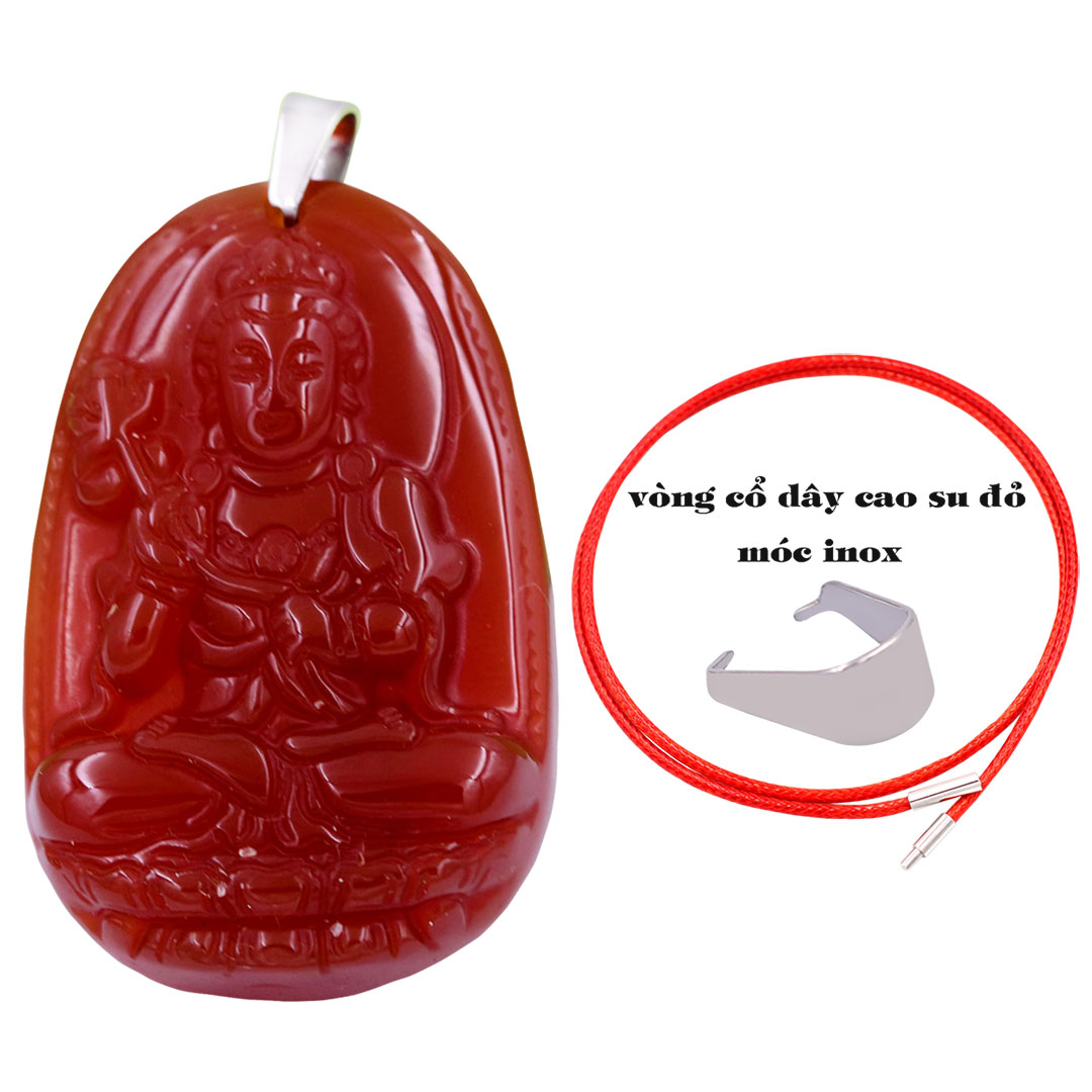 Mặt Phật Đại thế chí mã não đỏ 3.6 cm kèm móc và vòng cổ dây cao su đỏ, Mặt Phật bản mệnh
