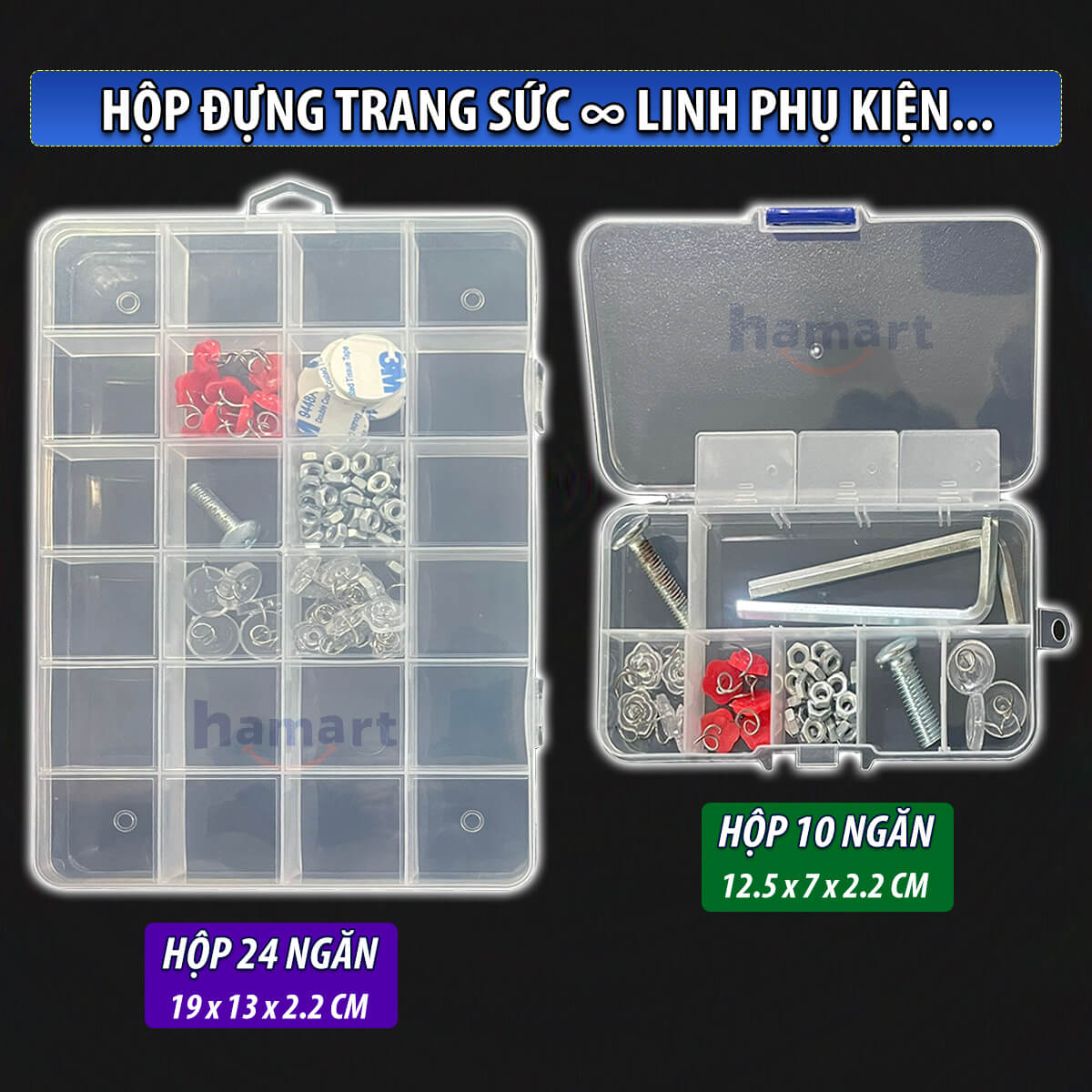 Hộp Đựng Linh Phụ Kiện Chia Ngăn Nhựa Trong Suốt Để Trang Sức Đá Charm Nail Móng Nắp Khoá Treo Tường