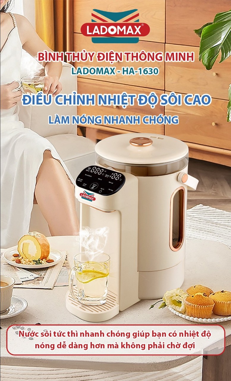 Ấm siêu tốc thông minh điều chỉnh nhiệt độ Ladomax HA1630, dung tích 3L, chế độ Đun Sôi Khử Clo, Hàng chính hãng