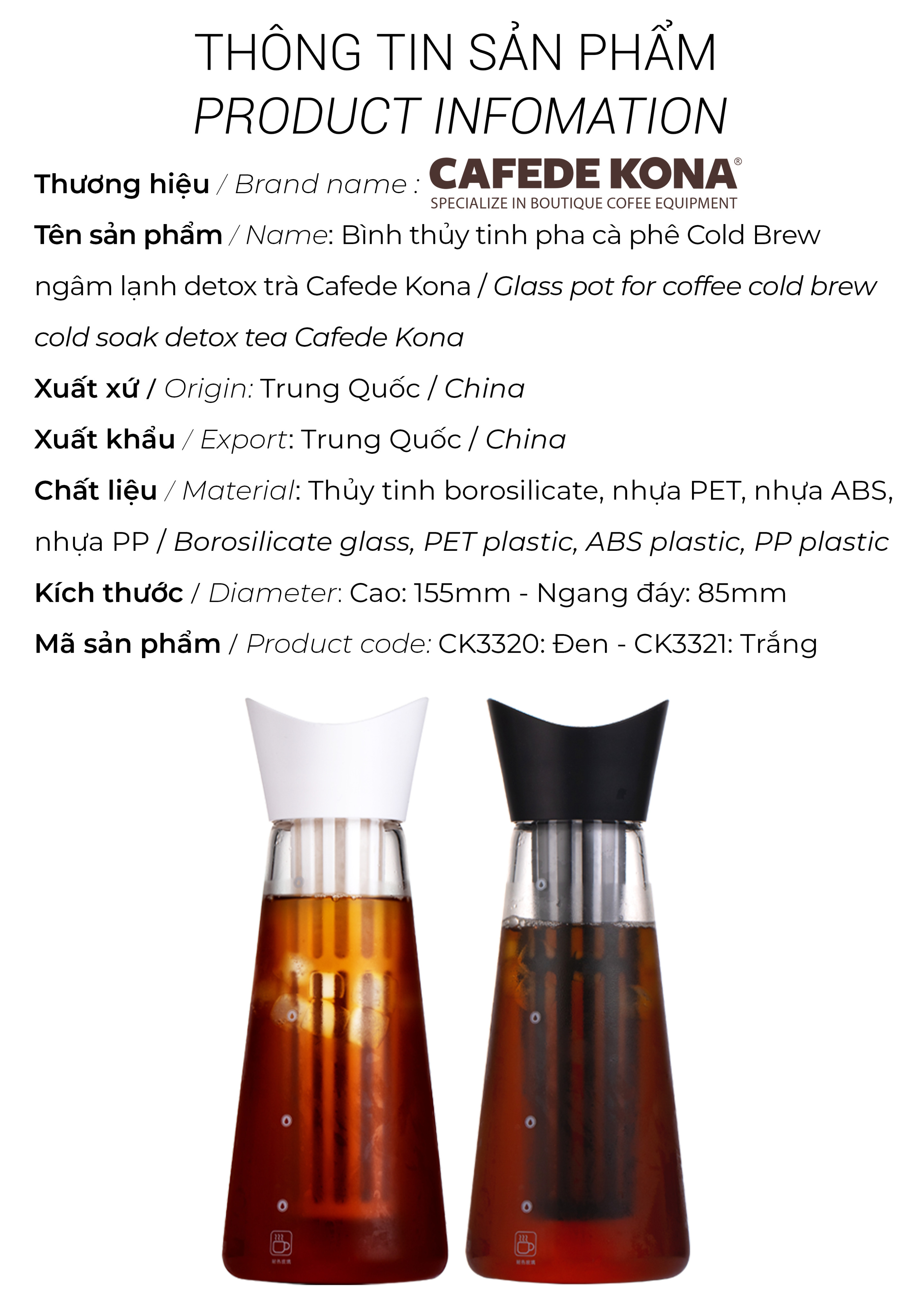 Bình thủy tinh pha cà phê cold brew ngâm lạnh detox trà CAFE DE KONA