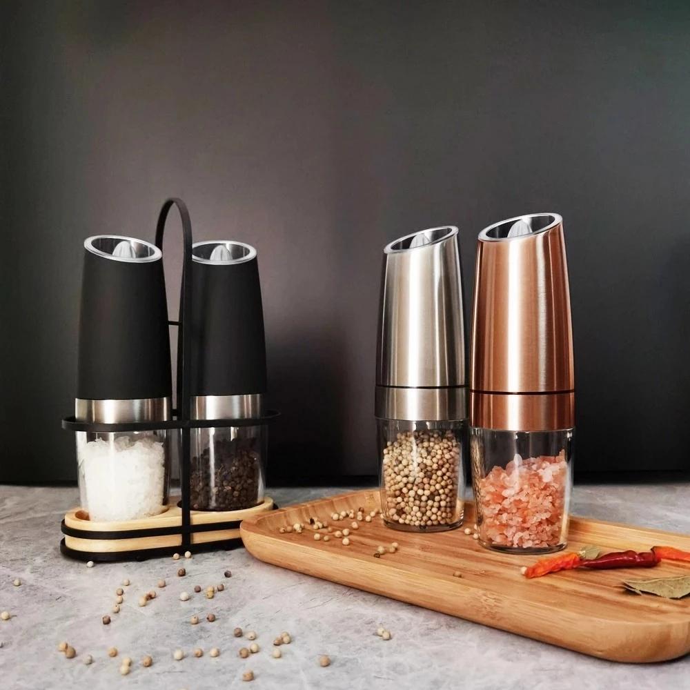 Tự Động Muối Và Cối Xay Hạt Tiêu Cầm Tay Có Đèn LED Bộ Trọng Lực Điều Chỉnh Gốm Điện Lọ Xay Tiêu Cối Xay Gia Vị Dụng Cụ Nhà Bếp