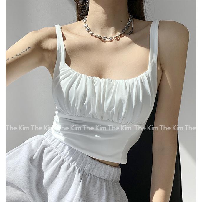 ┇✗Áo 2 dây cổ U nhún ly ngực croptop , thun chất cotton co giãn tôn dáng The Kim A102