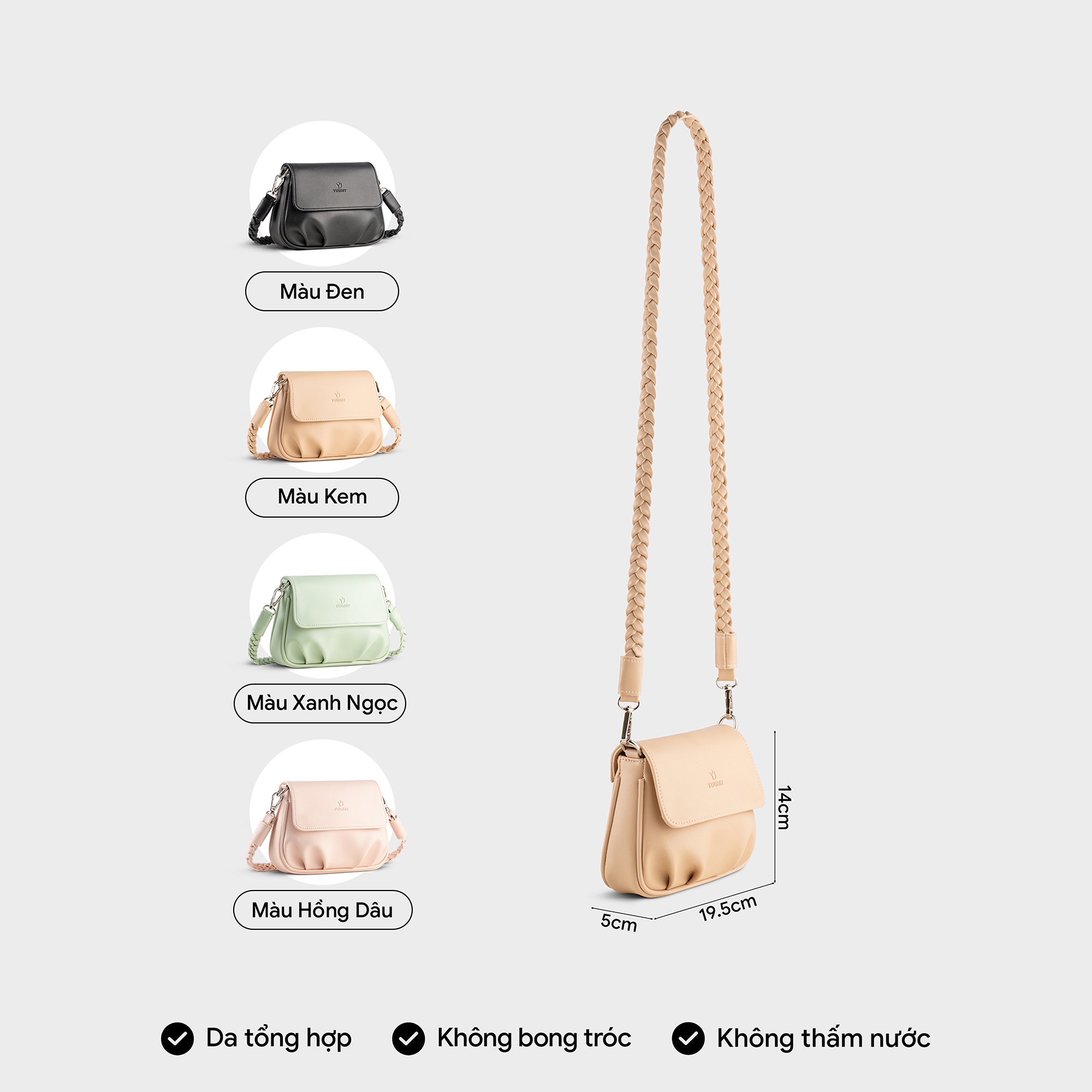 Túi Yuumy ( Thời trang nữ xếp nhún phối nắp gập size 20 - Túi đeo chéo da Seasand YN260 )