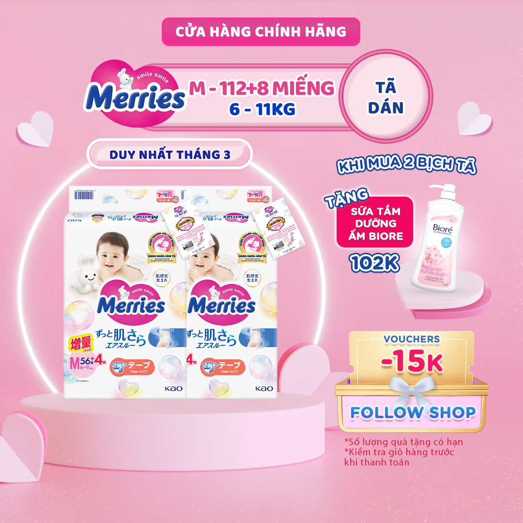Thùng 2 Tã/bỉm dán Merries cộng miếng đủ size NB82/S76/M60