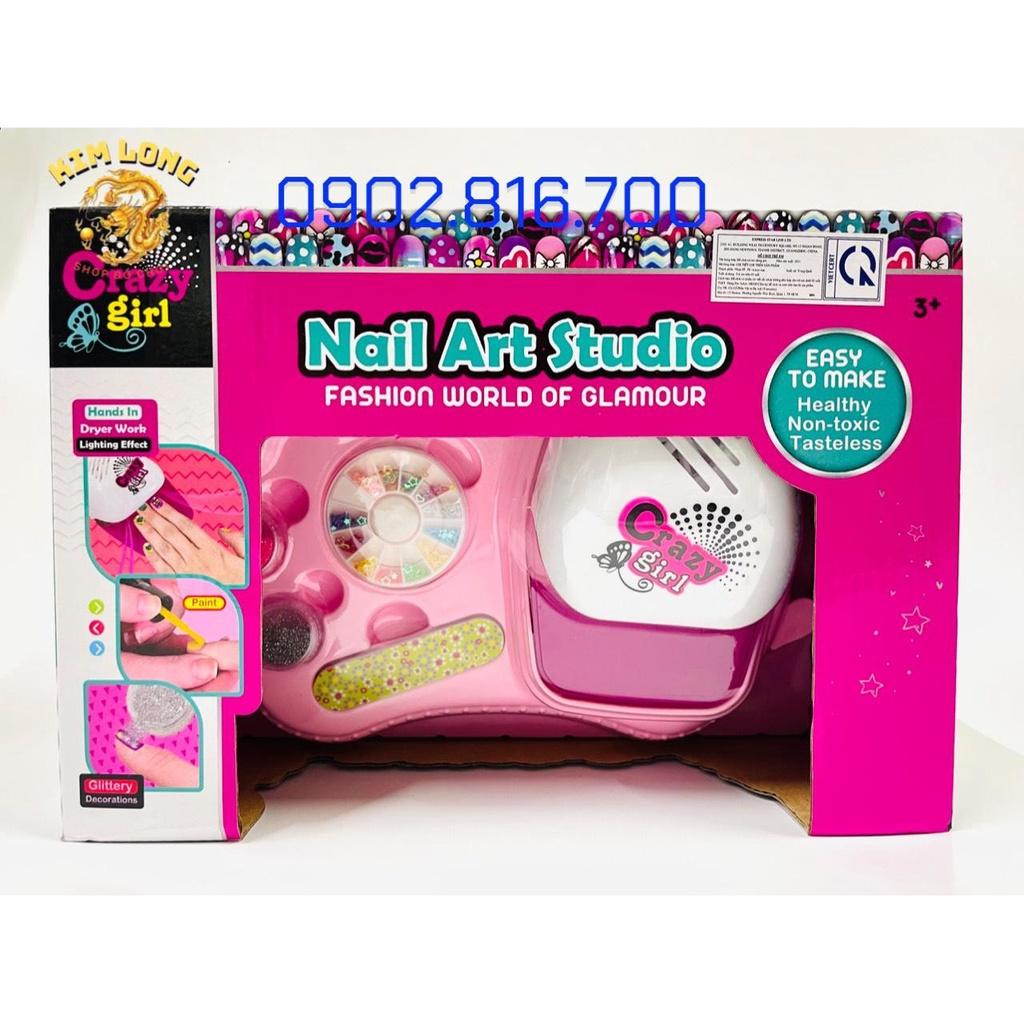 Bộ đồ chơi làm nail nghệ thuật sơn móng tay thật có máy hơ móng sử dụng pin màu hồng cho bé gái