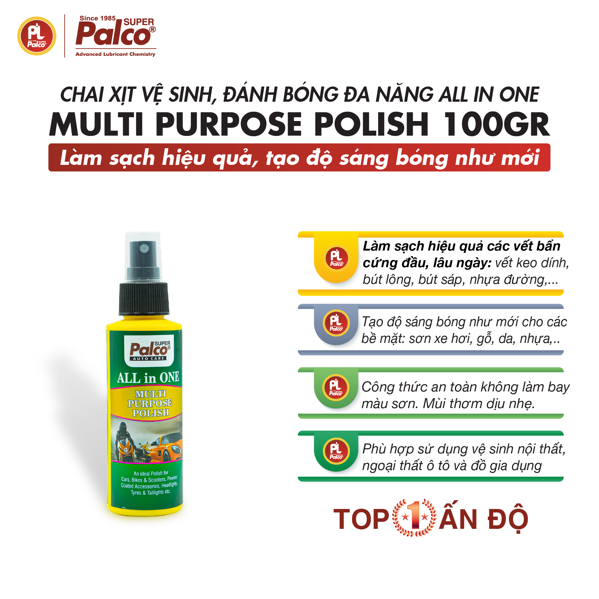 Chai xịt đánh bóng đa năng dành cho ô tô, xe máy, nội thất văn phòng, nhà ở PALCO All In One Polish - Nhập khẩu Ấn Độ