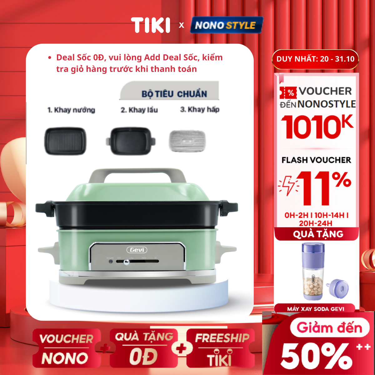 Nồi Đa Năng Cao Cấp Gevi GEMFC703-V - Có 3 khay hấp, nướng, lẩu dung tích 3L riêng biệt - Hàng Chính Hãng