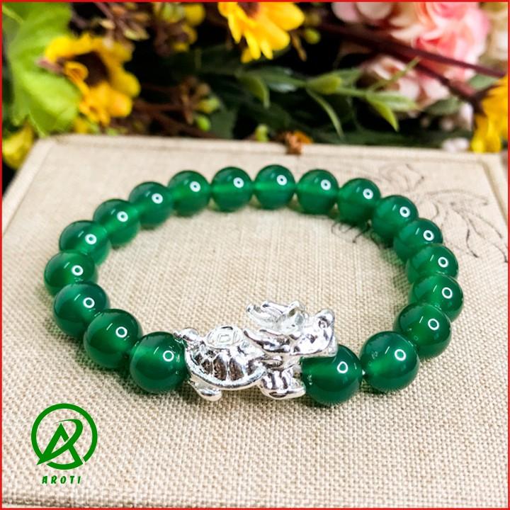 Vòng Tay Phong Thủy Mệnh Mộc - Vòng Tay Mã Não Xanh Lá 8mm Mix Long Quy Bạc Độc Lạ V381-8