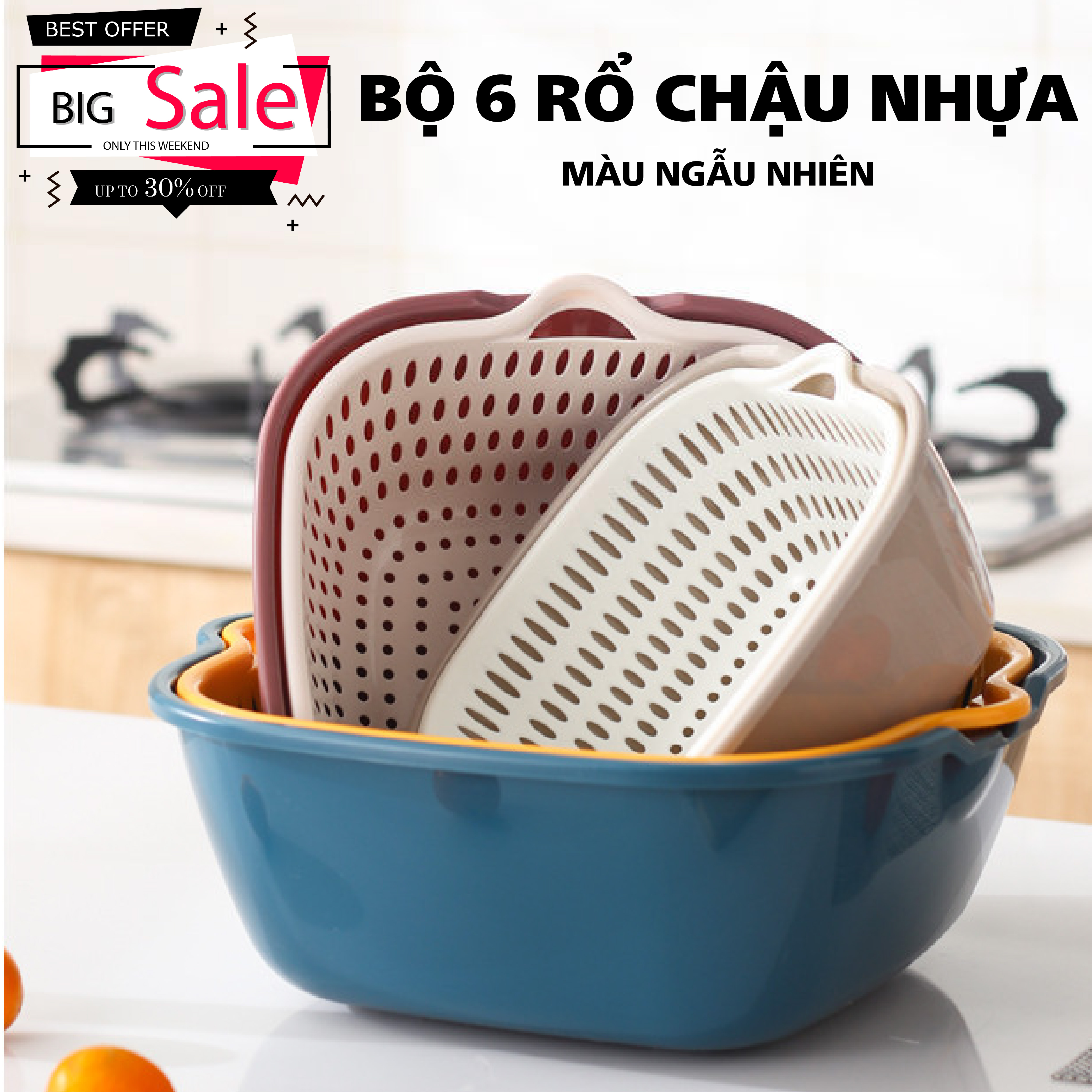 Bộ 6 rổ nhựa kèm chậu tiện lợi, kiểu dáng bắt mắt gọn gàng, vô cùng tiện lợi cho gian bếp của mọi gia đình