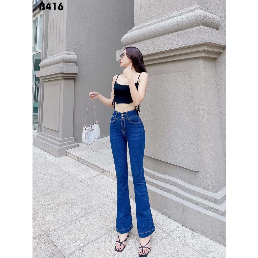 Quần Jeans Ống Loe Nữ Lưng Siêu Cao Co Giãn