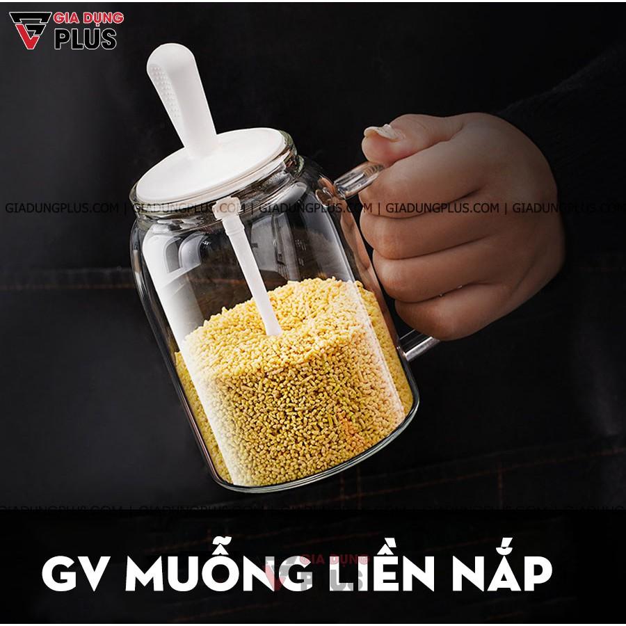 Hủ đựng gia vị muỗng liền nắp thông minh có nắp đậy kín thuỷ tinh borosilicate 380ml, có tay cầm