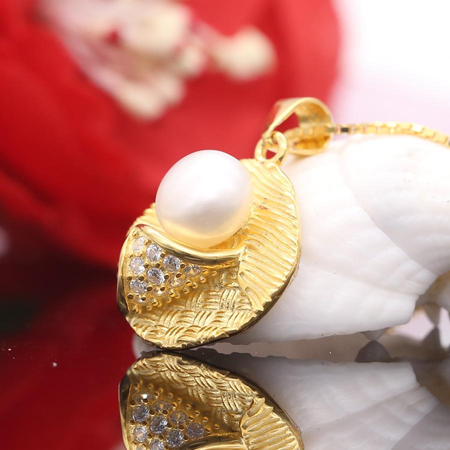 Dây Chuyền Bạc Ngọc Trai Lá Vàng M-1534 Bảo Ngọc Jewelry