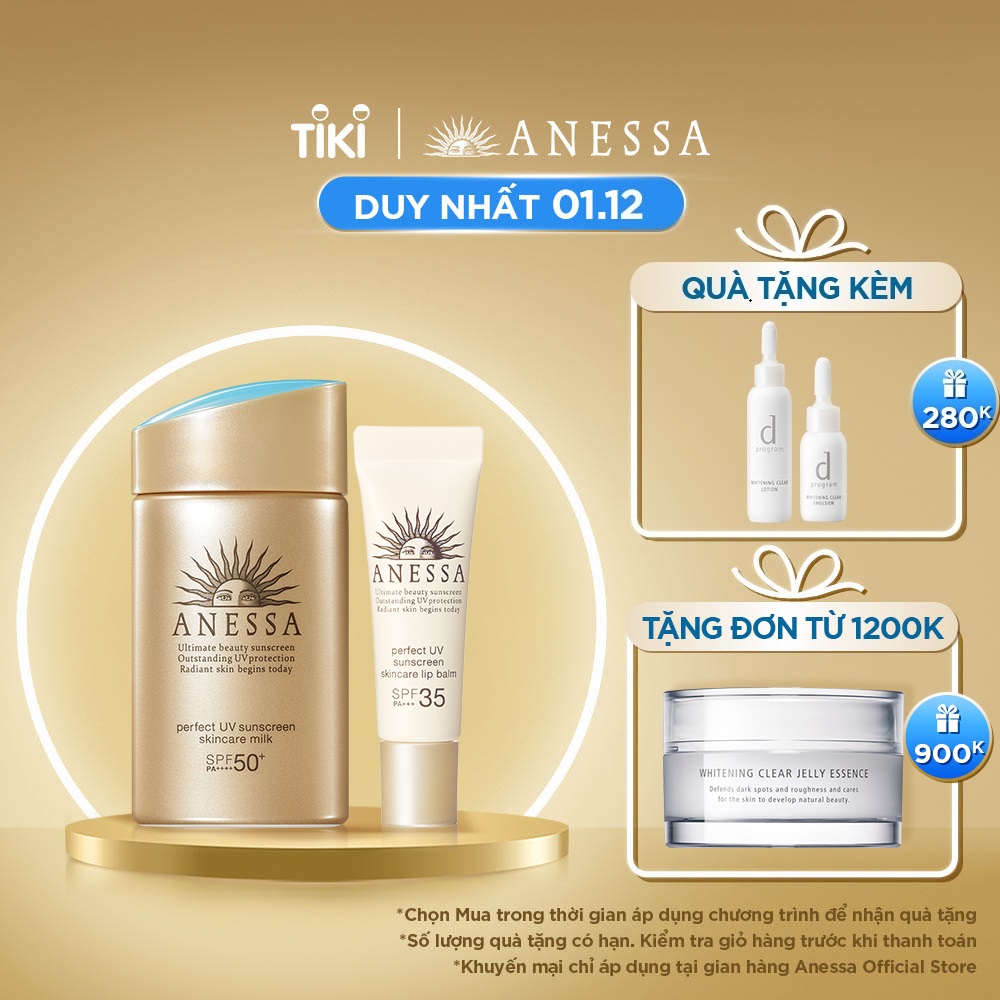 Bộ đôi Kem chống nắng dưỡng da dạng sữa bảo vệ hoàn hảo Anessa SPF 50+ PA++++ 60ml và Son dưỡng môi chống nắng Anessa Perfect UV Lip Balm SPF 35 PA+++ 5g