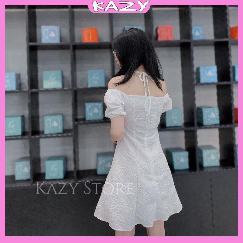 Váy trắng tiểu thư tay bồng, Váy trắng dự tiệc hoa văn xốp KAZY STORE V15