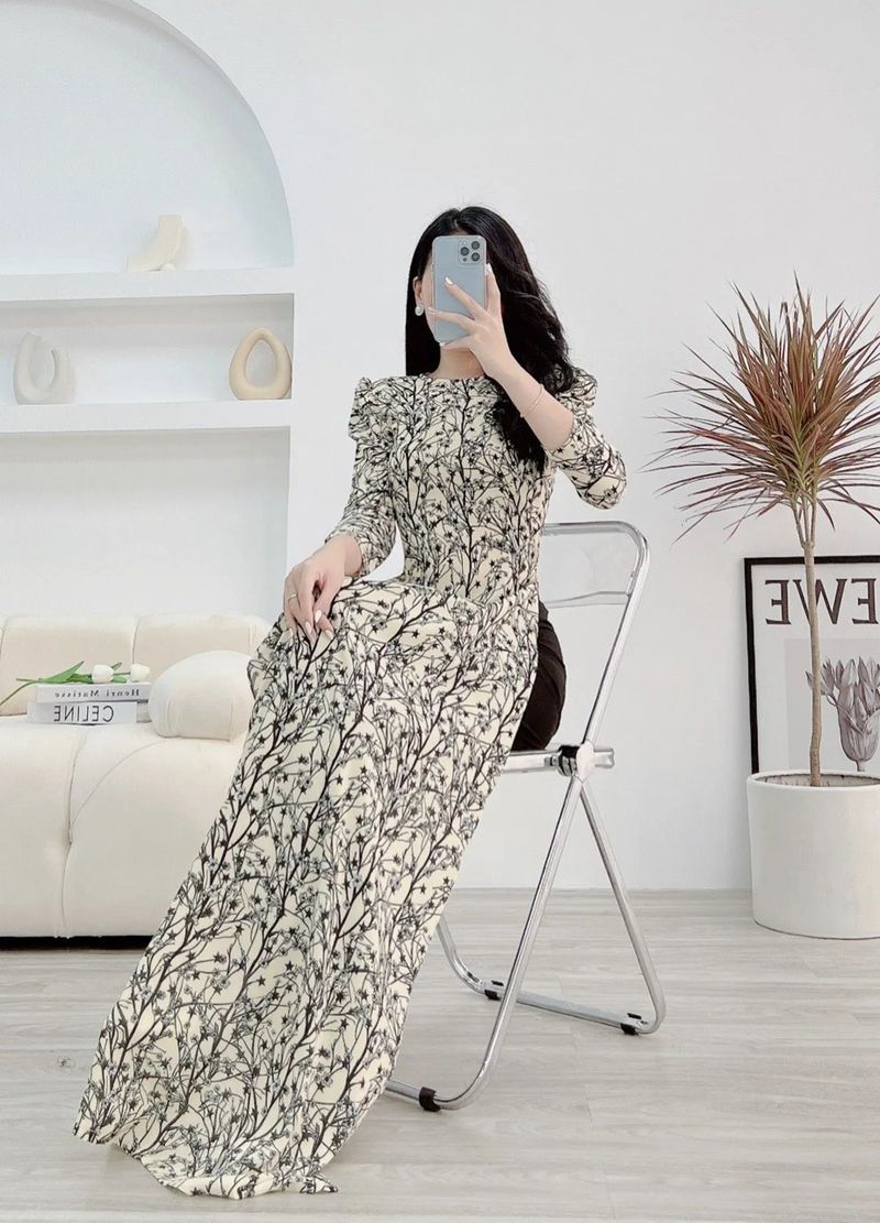 Set áo dài truyền thống tay phồng họa tiết hoa nhí