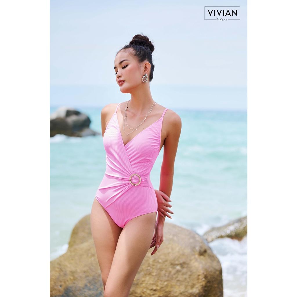 Đồ bơi nữ cao cấp dạng một mảnh cổ V, có đai cách điệu - Hồng - VS169_PK