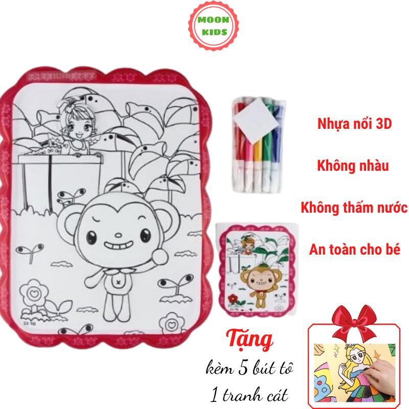 Tranh tô màu bằng nhựa nổi 3D khổ lớn A4 tặng kèm bộ 4 bút màu dạ, đồ chơi vẽ thông minh cho bé tập tô