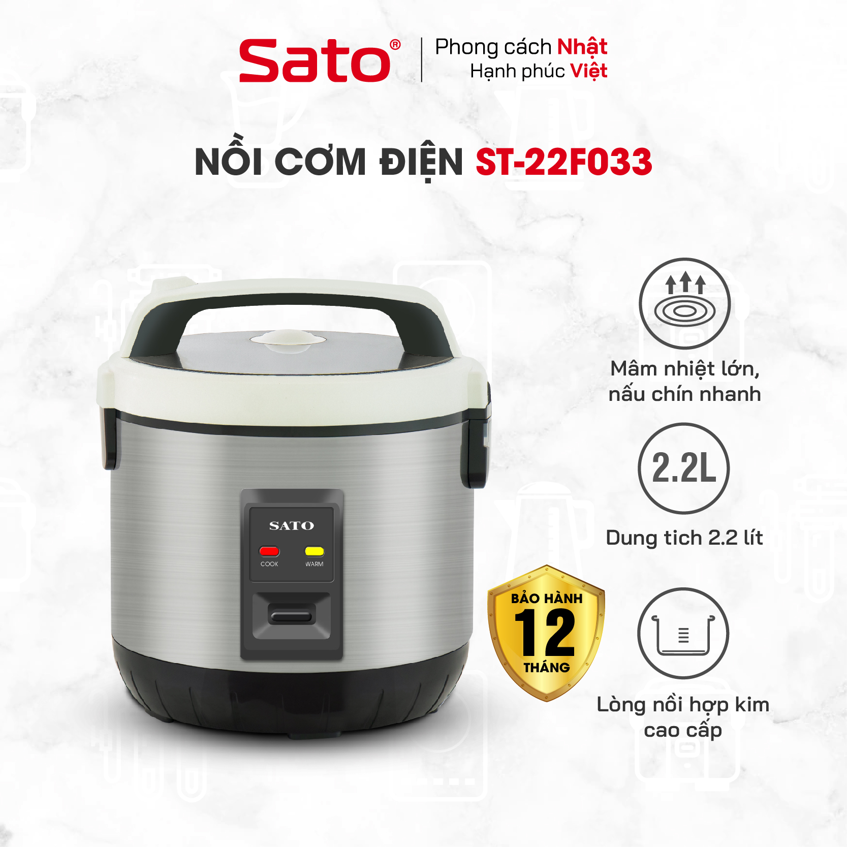 Nồi cơm điện SATO 22F033 2.2 Lít - Thiết kế nắp gài chắc chắn, chống tràn tốt, nút điều khiển đơn giản, tiện dụng - Miến phí vận chuyển toàn quốc - Hàng chính hãng