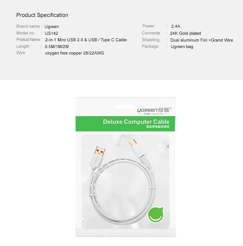 Ugreen UG30169US142TK 0.25M màu trắng Cáp USB-A sang Micro USB + USB-C cao cấp - HÀNG CHÍNH HÃNG
