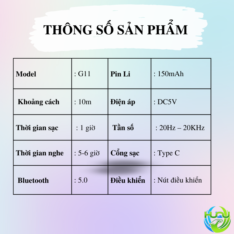 Tai nghe dẫn truyền xương thể thao Huqu G11- Thông số kỹ thuật