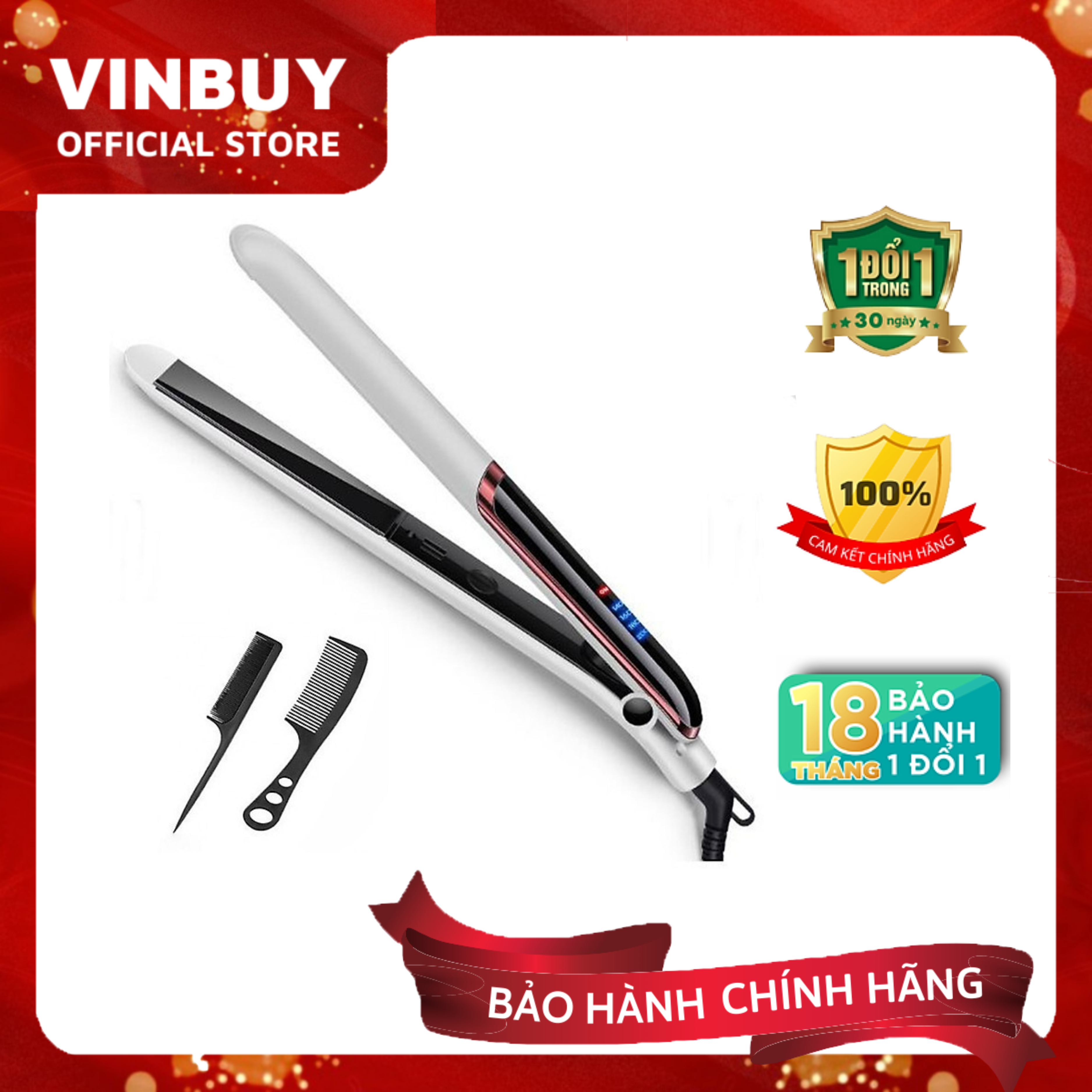 Máy Là, Ép, Uốn Tóc Cao Cấp TẶNG KÈM 02 Lược Chải Tóc Đa Năng 3 Trong 1 Cao Cấp Sang Trọng - Dùng Cho Salon Tóc & Tại Nhà – Chính Hãng VinBuy 