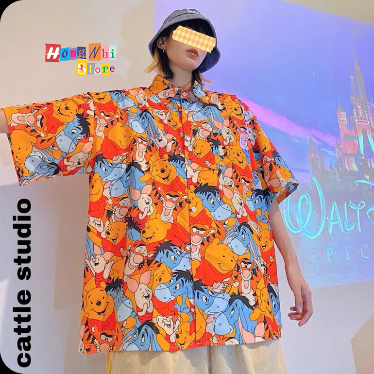 Áo Sơ Mi Hoạ Tiết Đi Biển Gấu Pooh Hoạt Hình Tay Lỡ Dáng Rộng Ulzzang Unisex - MM