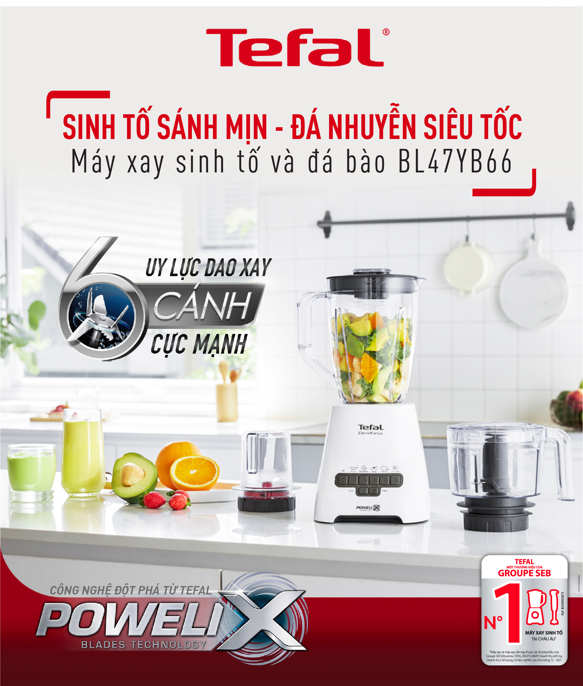 Máy xay sinh tố, xay thịt, xay thực phẩm Tefal BL47YB66, 800W, 2L - Hàng chính hãng