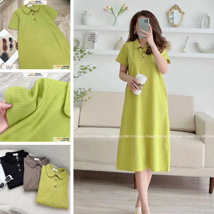 Váy Thun Xuông Cổ Polo MICHI House Đầm Suông Dáng Dài Qua Gối Freesize Vải Cotton Co Dãn Che Bầu Khuyết Điểm Tốt V436