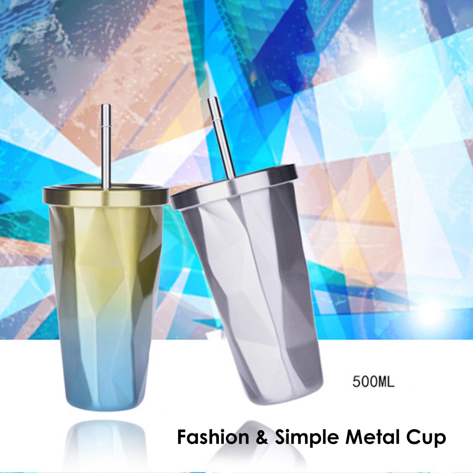 Cốc Nước Thời Trang 500Ml Bằng Thép Không Gỉ Di Động Có Nắp Và Ống Hút