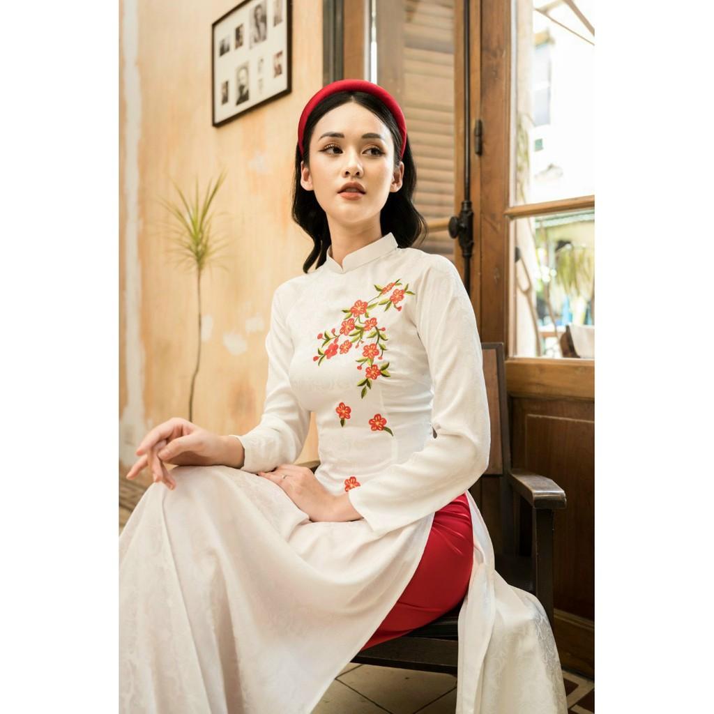 Lụa mango Áo dài cách tân cực xinh Áo dài thêu hoa đính hạt tỉ mỉ