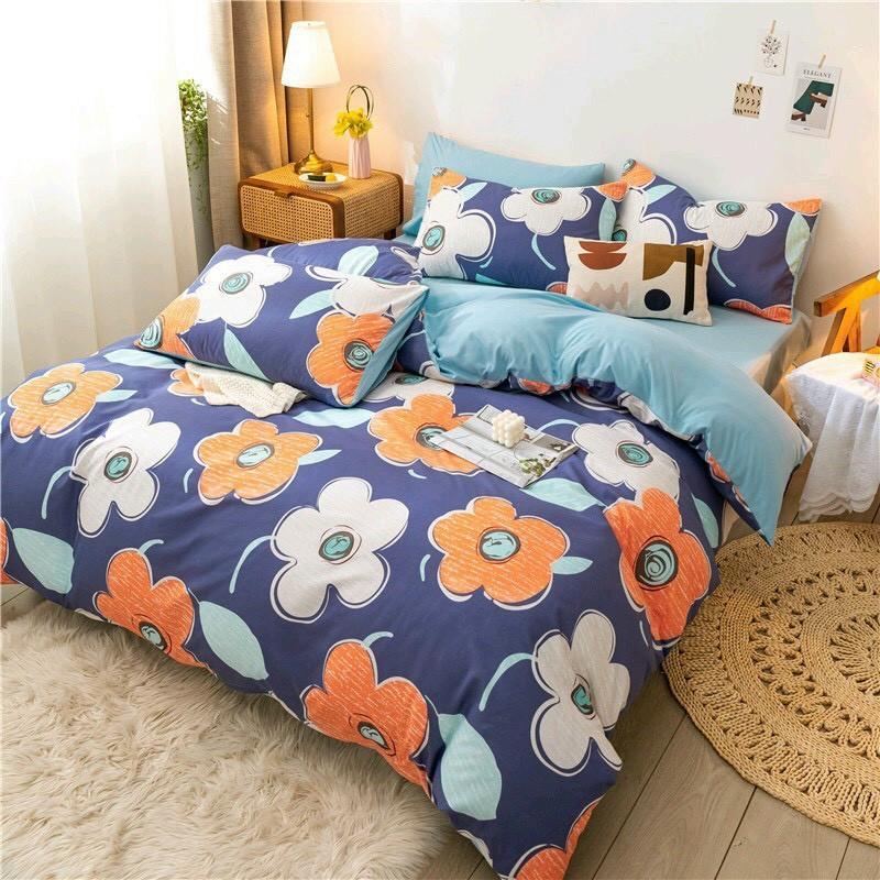 Bộ chăn ga Cotton Poly Hoa cam trắng phối ga xanh - Hàng nhập khẩu