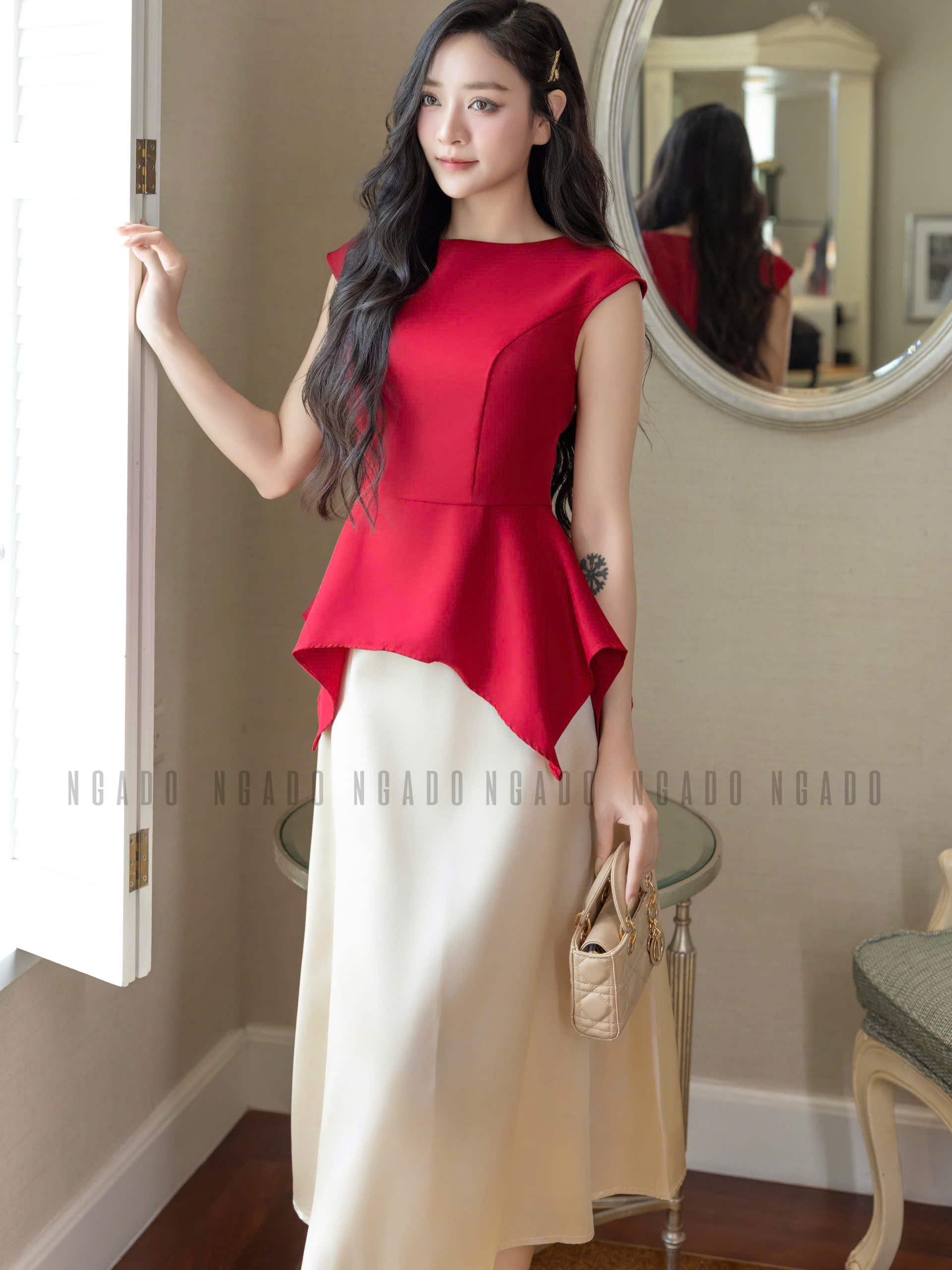 Áo đỏ vạt lệch NGADO , áo ngắn , áo dự tiệc , dạo phố