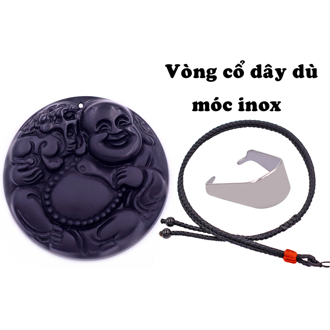 Mặt dây chuyền Phật Di lặc tròn đá đen 4.5 cm  kèm vòng cổ dây dù đen + móc inox trắng, mặt dây chuyền Phật cười