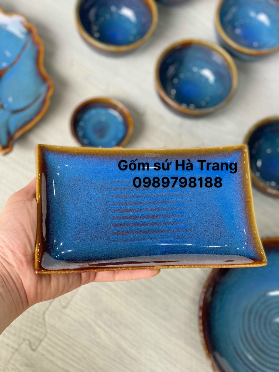 Đĩa chữ nhật s3 gốm sứ Bát Tràng cao cấp men hoả biến thiên thanh