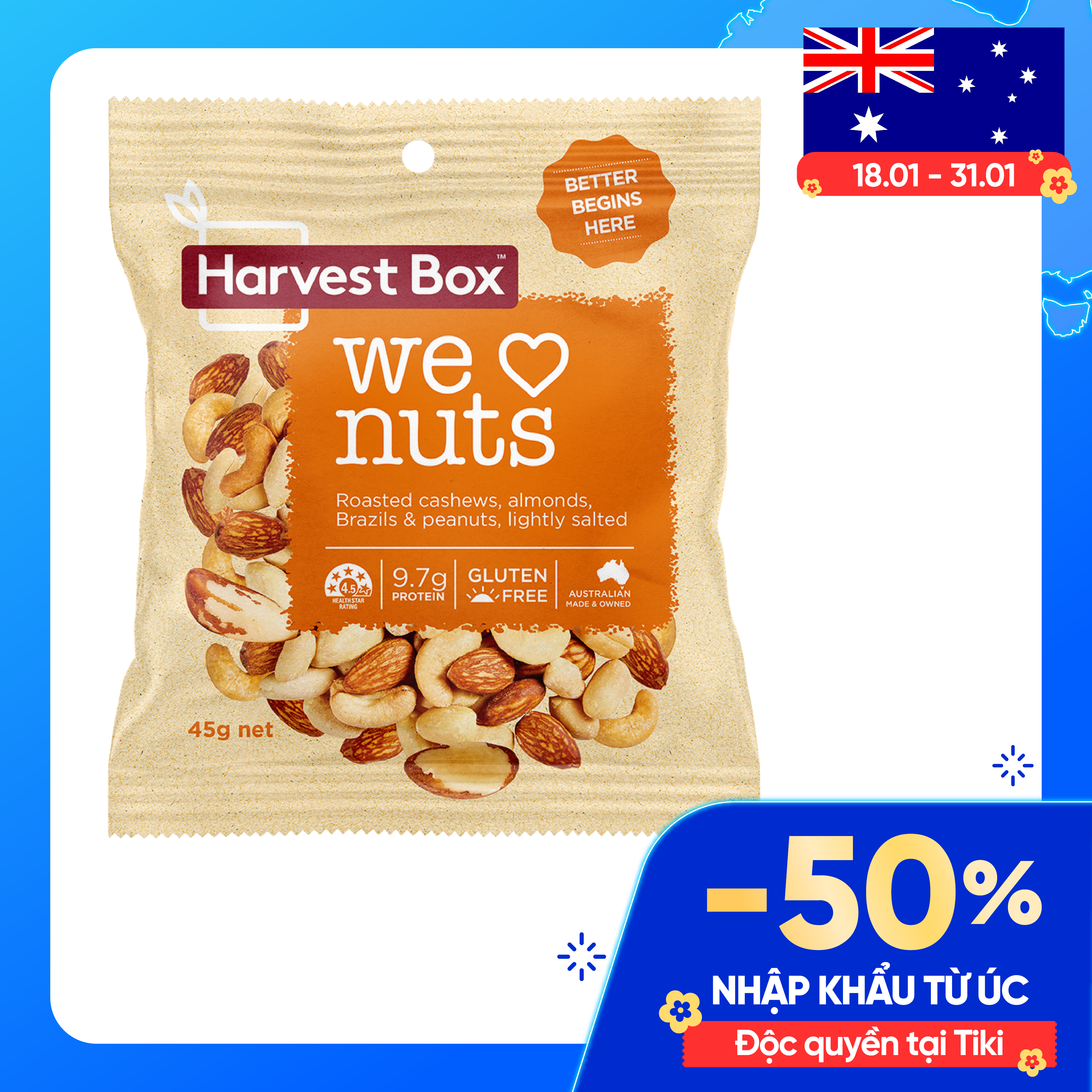 Hạt dinh dưỡng mix trái cây sấy We Love Nuts Snack Pack Harvest Box - 45g