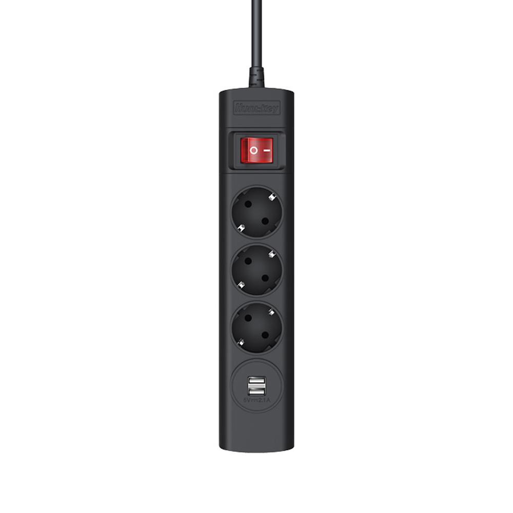 Dải điện Huntkey SGA407 với 3 ổ cắm AC 2 cổng sạc USB Chất liệu chống cháy Cửa chớp bảo vệ trẻ em