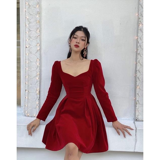 Đầm xoè nhung dài tay cổ tim nữ tính Kayla dress