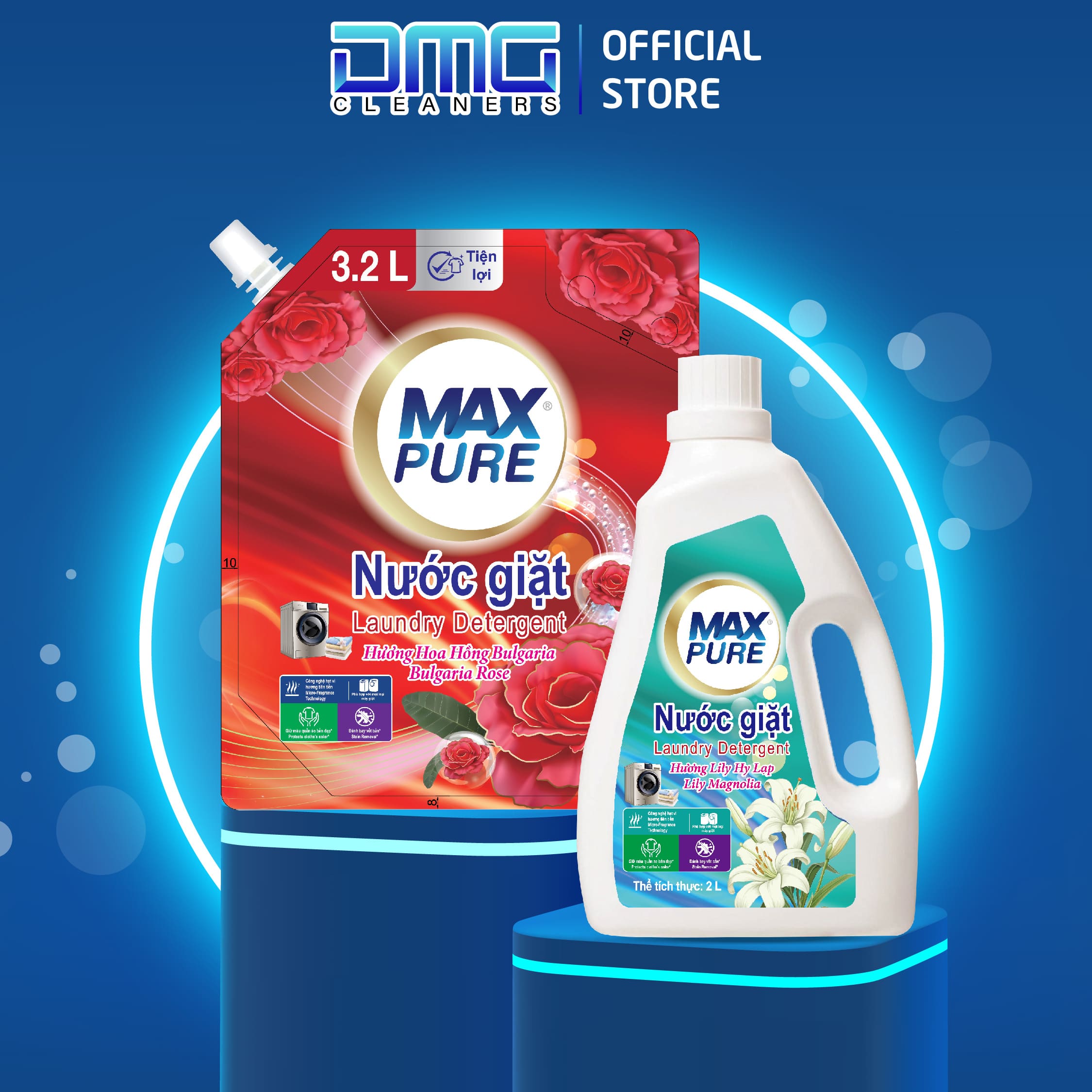 Combo Chai Nước Giặt Maxpure Hương Lily Hy Lạp 3L + Túi Nước Giặt Hương Hoa Hồng Bulgaria 3.2L
