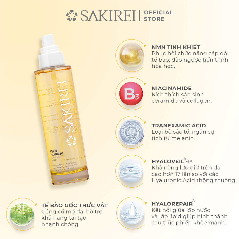 Xịt NMN và HA chống lão hóa, giúp cấp ẩm, phục hồi da Sakirei NMN Revitalize Treatment Spray 150ml