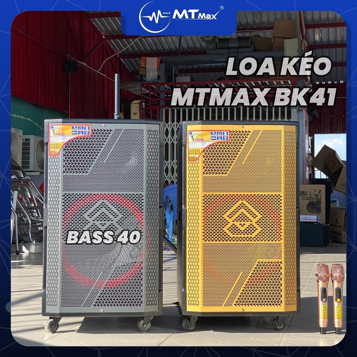 Loa Kéo MTMAX BK41 Bass 4 tấc, công suất khủng 500w Trung, Treble mạnh võ gỗ sang trọng kèm 2 micro không dây hàng chính hãng