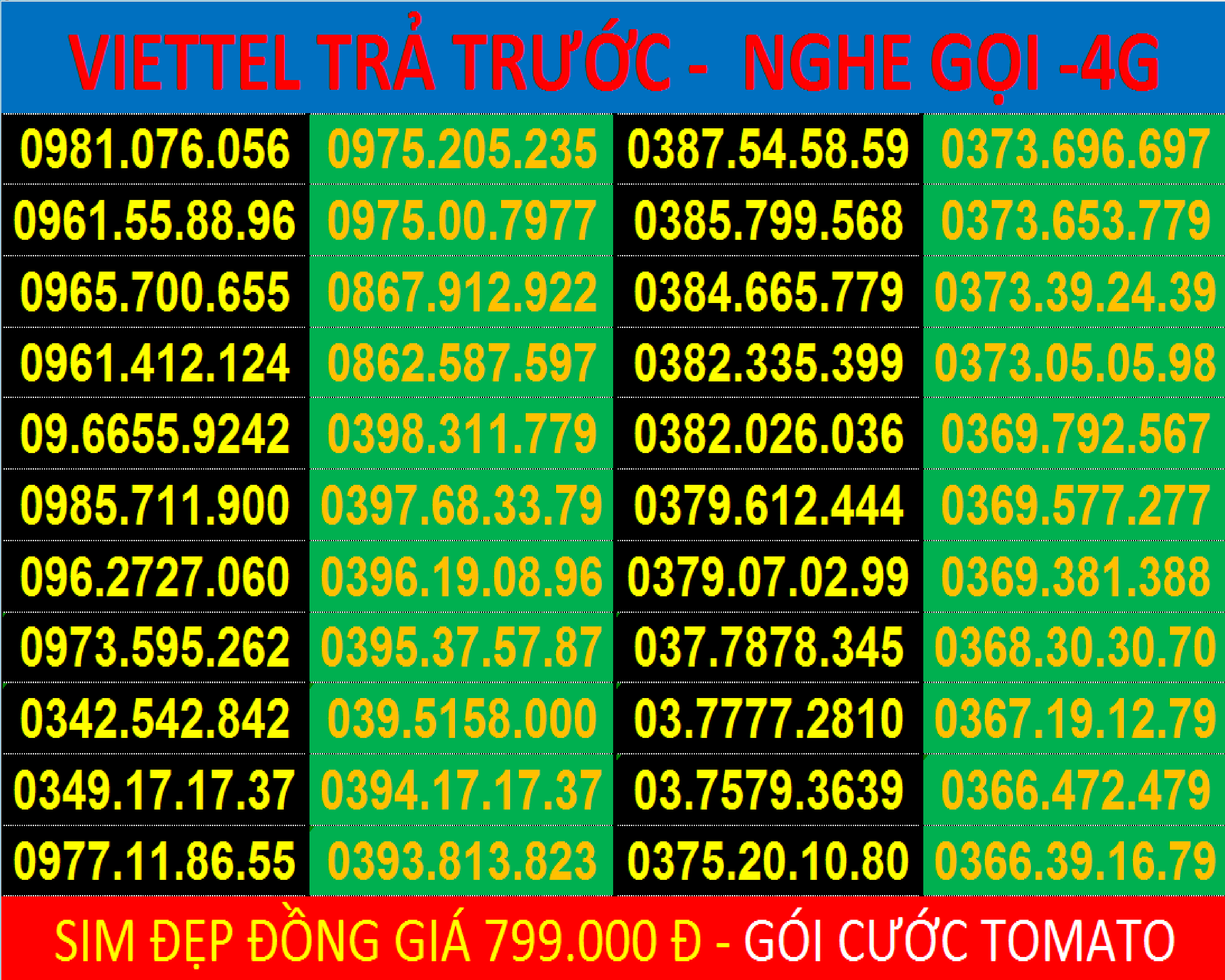 Sim Viettel đẹp Trả Trước - Được chọn số - Sim gói cước Tomato - Nghe Gọi - 4G - Đồng giá 799.000đ, Hàng Chính Hãng