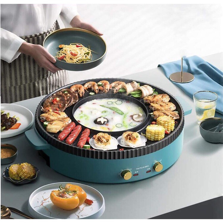 Bếp Lẩu Nướng Đa Năng 2 Trong 1, Lẩu Nướng Tròn Xanh 2 Nút Bật Tắt Riêng Biệt - Hàng Chính Hãng
