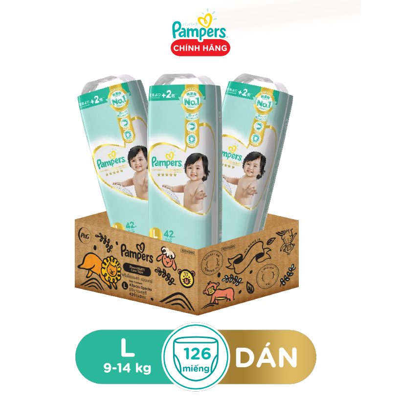 Thùng 3 Gói Tã/ Bỉm Dán PAMPERS Nhật Thượng Hạng, Size L (126 miếng, 9-14kg), Siêu Mềm Mịn &amp; Thoáng Khí