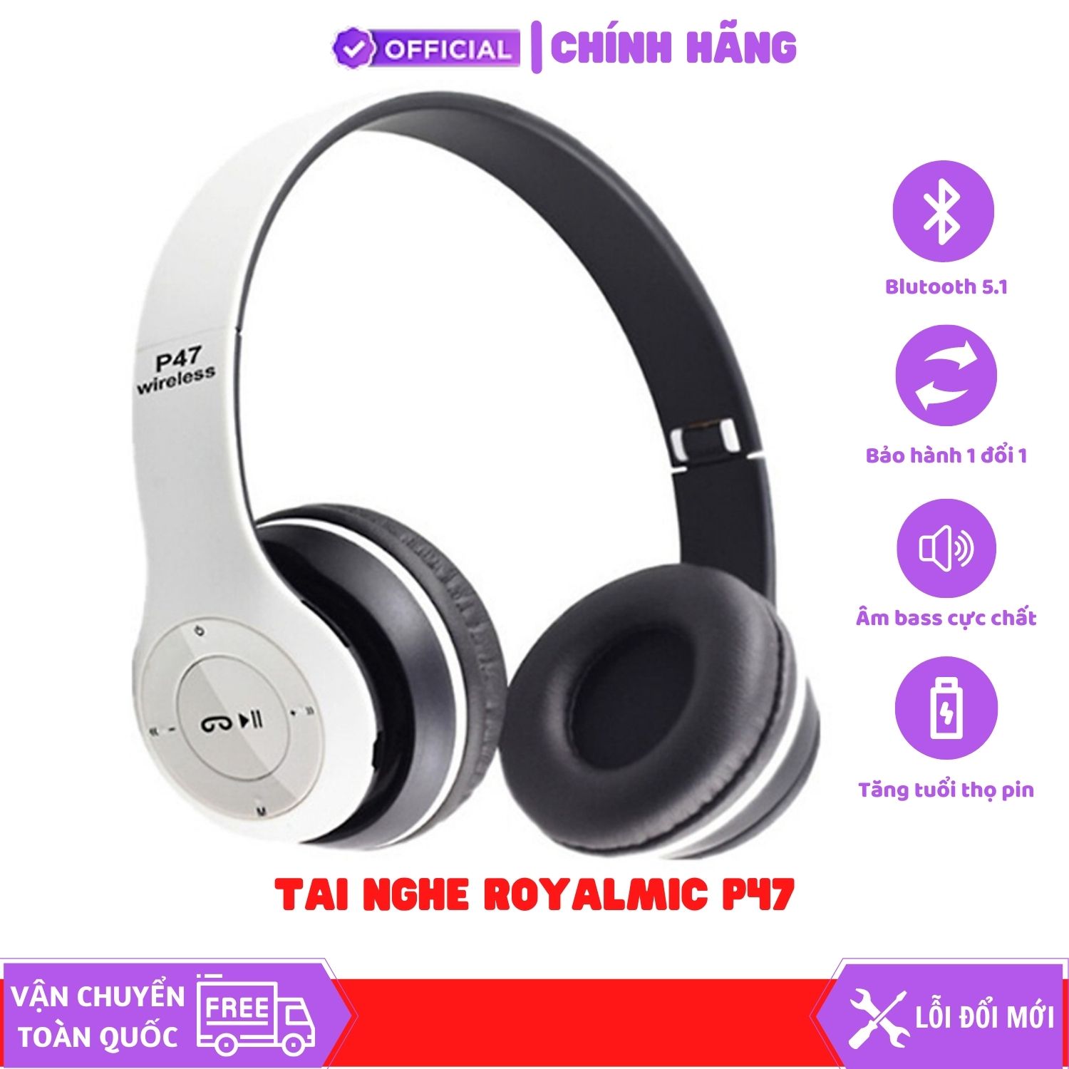 Tai nghe Bluetooth ROYALMIC P47 có khe cắm thẻ nhớ, tai nghe Bluetooth không dây, tai nghe chụp tai, tai nghe có mic - Hàng chính hãng